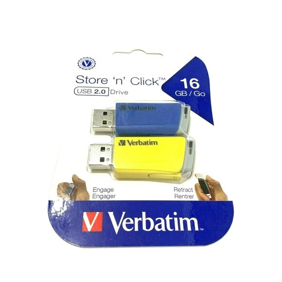 Verbatim 2 Pack 16GB Store ‘n’ Click USB Flash Drive Blue and Yellow New Sealed - Picture 5 of 8
